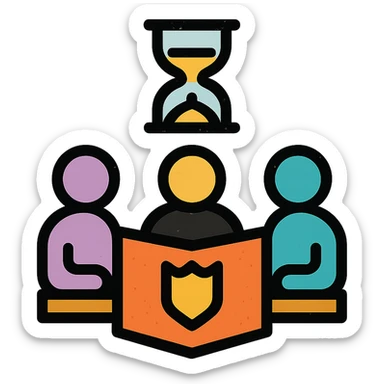 minimalist icon of players and a game master collaborating around a table or DM screen, with a clock or hourglass representing a multi-day marathon, worn and distressed look sticker