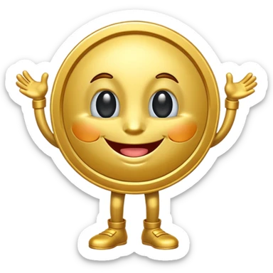 coin mascot with eyes, mouth, arms and legs sticker