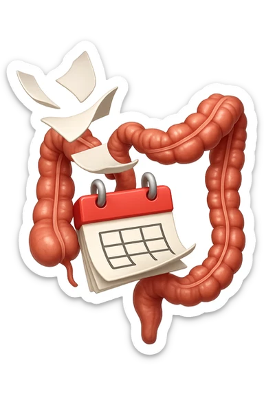 emoji stile iphone di un calendario con fogli che volano insieme a pezzi anatomici di colon umano, iperrealistico 4k, isolato su sfondo bianco sticker