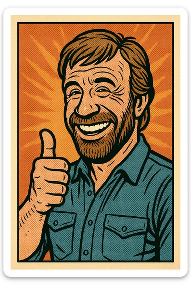 caricature style illustration of Chuck Norris giving a thumbs up, big smile, comic exaggeration, playful and fun sticker