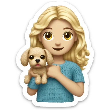 Blond hair girl with a little crochet dog in her arms  sticker