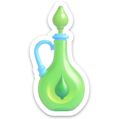 Create a highly realistic 3D transparent bottle with a stopper. The bottle shape resembles a human ear. Inside the bottle, there is a green elixir. No text included. sticker