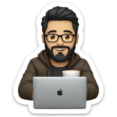 Designer with black hair, beard and glasses working with MacBook and drinking cappuccino  sticker