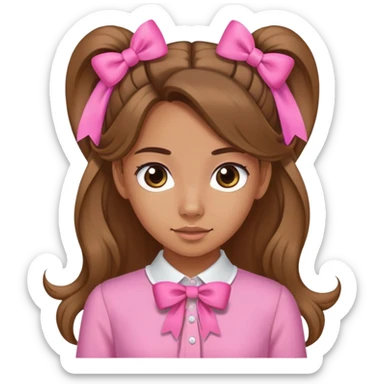 A medium tanned skin girl, long hair with pony hairstyles, pink bow at the both sides, wearing pink blouses  sticker