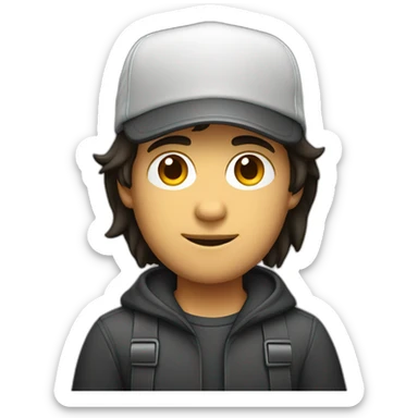dark-haired developer in a cap with macbook sticker