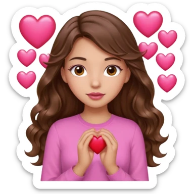 girl with long wavy brown hair, brown eyes, light to medium complexion, in a pink shirt, pink lips, long lashes, many  hearts in hand sticker
