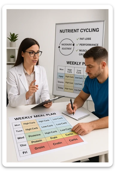a nutritionist explains to an athlete how to cycle macronutrients for fat loss and training. On the desk, a weekly meal planner shows alternating high-carb and low-carb days, with color-coded sections for proteins, fats, and carbs. The athlete takes notes, and a chart in the background illustrates the benefits of nutrient cycling. The mood is professional and educational. scritto in italiano sticker