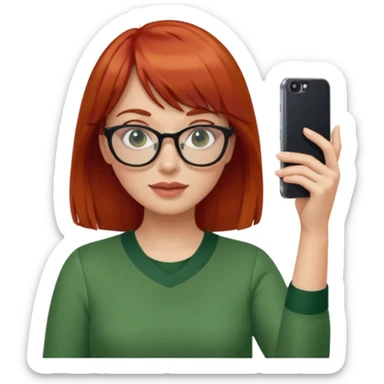 red haired woman with bangs, glasses, green blouse holding her phone having selfie sticker