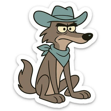 grey coyote, light blue cowboy hat, light blue neckerchief, sitting, flat toon style sticker