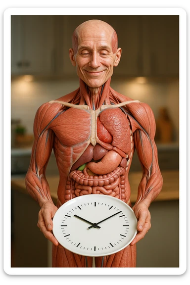 corpo umano anatomico, che tiene in mano un piatto bianco con la lancette di un orologio sopra, figura visibile fino ai fianchi, espressione del volto soddisfatta, sullo sfondo la sua cucina sfocata, iperrealistico 4k sticker