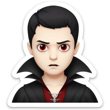 Vampire boy with the short black hair, pale scin, black eyes, little fangs and dark circles under his eyes. He has serious face sticker