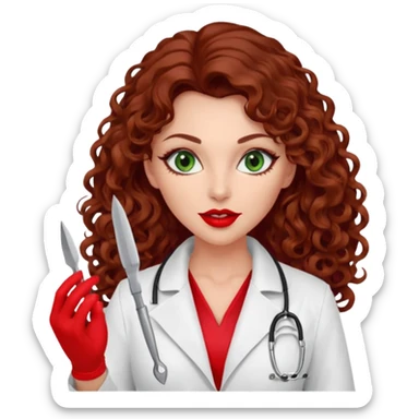 Lilith symbol seductress evil woman. She has green eyes.  had brown long curly hair.  evil surgeon kills with scalpel wears red sexy doctor coat with red mouth cover red gloves sticker