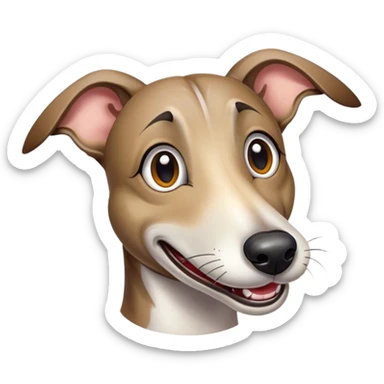 Cinematic Comical Brindle Greyhound Portrait Emoji, Head tilted dramatically with an exaggeratedly amused expression, featuring a striking brindle Fur with bold patterns, wide, expressive eyes filled with playful disbelief, Simplified yet hilariously expressive features, highly detailed, glowing with a slightly sassy glow, high shine, dramatic yet playful, stylized with an air of cheeky mischief, bright and endearing, soft glowing outline, capturing the essence of a spirited and over-the-top racer, so meme-worthy it feels like it could side-eye its way into internet fame instantly! sticker
