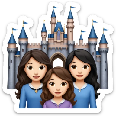 Quiero que crees una imagen donde este el castillo de Disney y por detrás o delante pon a quatro chicas: una con el pelo largo rizado marrón , otra con el pelo corto negro, otra con el pelo mediano liso marrón y otra con el pelo negro largo liso sticker