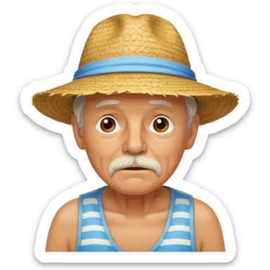 Make a picture of an old man on a beach, sweating profusely because the sun and air is so hot sticker