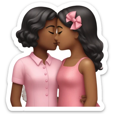 Two girls kissing one girl is Indian skinned and is wearing a pink dress she has black hair and a pink bow the other girl is white and has brown hair with a pink bow and she wears a pink dress sticker