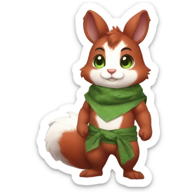 Cute, Chibi, chubby, fluffy, Kemono-style, Anthro, Fur-Sona, Dark-Red, Squirrel-Rabbit-hybrid-Fakémon, with a green bandana, full body sticker