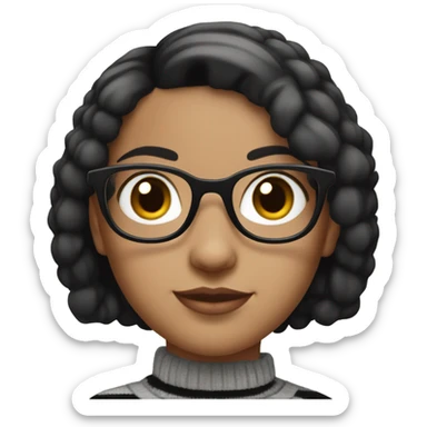 Girl with black short hair. She wears grey and black line sweater. She wear brown leopard glass  sticker