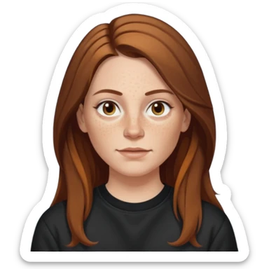 A 38 year old white woman with long brunette hair parted in the middle. She has a nose ring. She has brown eyes. She has freckles and is wearing a black sweatshirt sticker