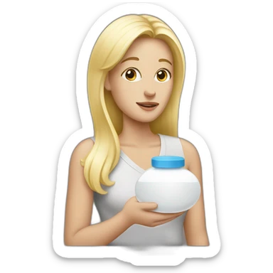 blonde mom holding white pill sticker