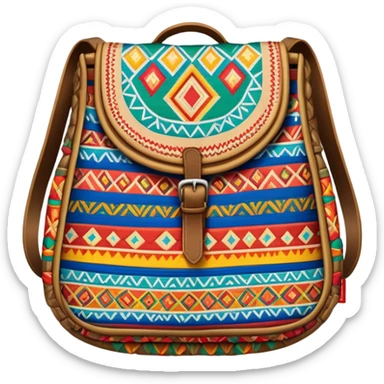 Cinematic Realistic image of a traditional Colombian mochila, rendered with detailed woven textures and vibrant patterns, set against a rustic backdrop with soft, cultural lighting sticker