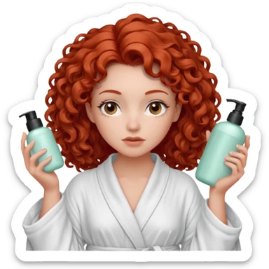 Cartoon emoji of a girl with voluminous curly red hair, fair skin, warm brown eyes. Wearing a chic milky silk robe with long sleeves, no makeup. Portrait mode, holding 3 moisterizers or different skin care products, looking super doubtful twisted and unsure. Smooth, simple, stylized." sticker