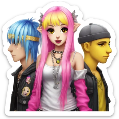 Blue eyed long eye lashes pout blonde and pink hair pale hime gyaru girl, hot pink and yellow split-dyed hair, nose ring, elf ears, dark makeup, punk clothes standing next to three diffrent men praying on their knees sticker