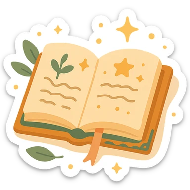 A cute open book lying on a cozy surface, designed in a soft and magical color palette: golden orange (FA9B41), deep forest green (4A7C5C), warm taupe brown (96775A), and pastel peach (FFCC9A). The pages are slightly aged with gentle curves, featuring whimsical illustrations, tiny stars, and elegant handwritten text. The book cover, visible beneath the open pages, has decorative patterns and a ribbon bookmark in peach and green tones. Around the book, add soft light, a few leaves, or glowing sparkles, creating a dreamy, enchanted, storybook-like atmosphere. The overall mood is warm, magical, and gentle sticker