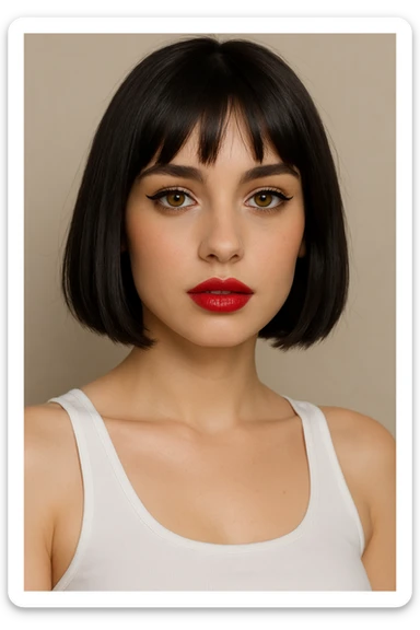 A pretty girl with black straight bob hair. She has hazel eyes with black eyeliner. She has plump red lips. She is wearing a white tank top sticker