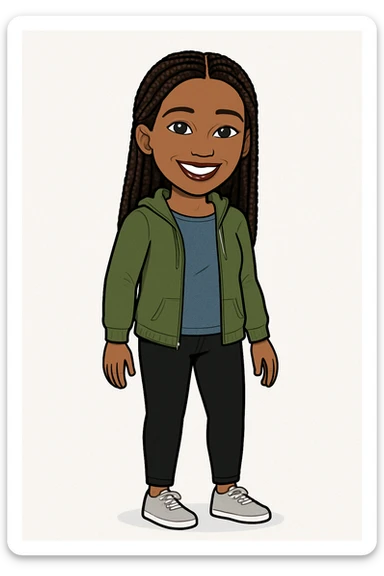 bitmoji style brown woman with braids, casual outfit, smiling sticker