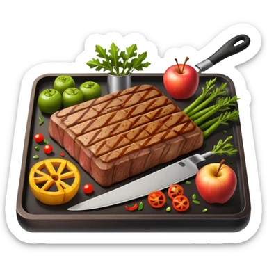 minimalist iOS style Apple emoji of a rectangular plancha with vegetables and meat sticker