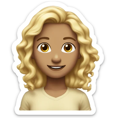 Hair: Blonde, wavy, voluminous.
Eyes: Dark brown, large, friendly.
Expression: Cheerful smile.
Face shape: Round with full cheeks.
Skin tone: Fair and glowing.
Clothing: Simple light-colored top. sticker