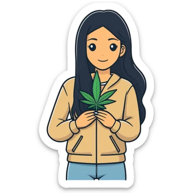Woman with long black hair, tan skin, with marijuana sticker