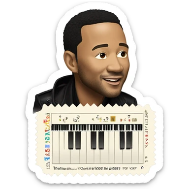 john legend sitting at the piano with 2 concert tickets sticker