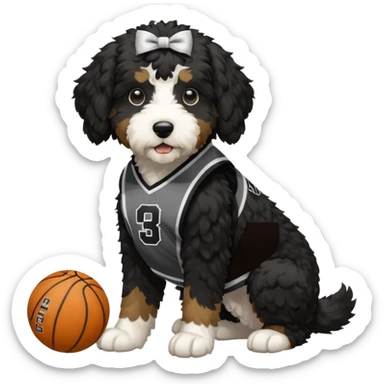 A black Bernedoodle with a white chest with a Providence college basketball jersey on  sticker