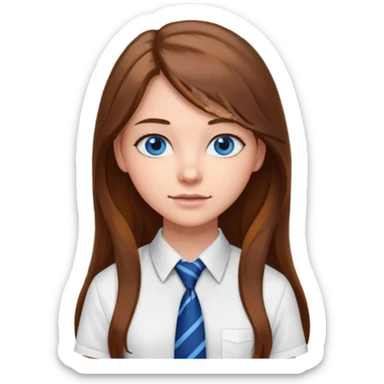 high school class room with a blackboard, with a pretty female high school student with long brown hair, blue eyes, wearing a tie sticker