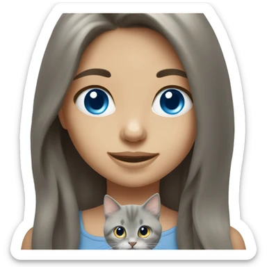 Girl with brown long hair and blue eyes hang gray kitten  sticker