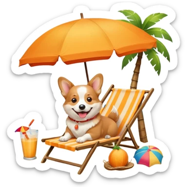 a corgi dog laied on a beach chair, a sunny beach, a sun umbrella, and beach coconut trees. the icon should capture the essence of a relaxing beach vacation with a carefree atmosphere sticker