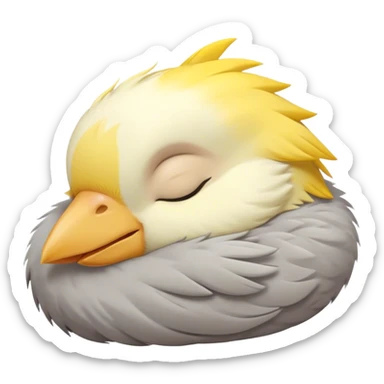 Meme-Worthy Cute Sleeping Cockatiel Portrait Emoji, Head resting peacefully with a contented smile, showcasing a delicate, slender build and a luxuriously soft grey fur with gentle yellow accents, eyes shut in a serene nap, Simplified yet hilariously adorable features, highly detailed, glowing with a soft, drowsy light, high shine, relaxed and utterly lovable, stylized with an air of playful laziness, bright and heartwarming, soft glowing outline, capturing the essence of a comically sleepy cockatiel, so meme-worthy it feels like it could instantly become the next viral sensation of adorable slumber! sticker