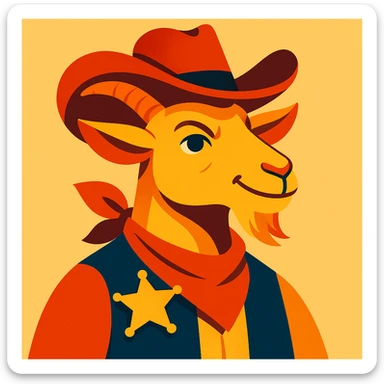 a goat with a sheriff badge, cowboy hat, and bandana, looking heroic, vibrant colors sticker
