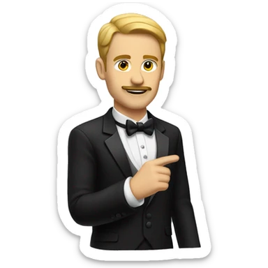 White man with short mustache wearing tuxedo raising right hand sticker