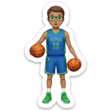 Full Body large white male with brown hair basketball player wearing glasses wearing blue green uniform sticker