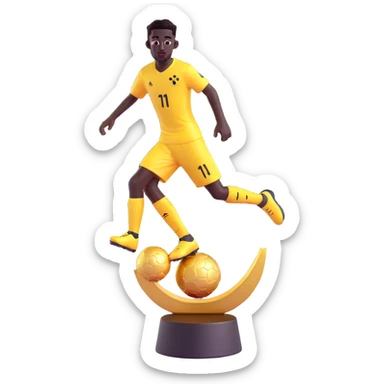 Replace the footballer silhouette on the Ballon d'Or trophy with Ousmane Dembélé's signature silhouette in a dynamic dribbling pose. Keep the 3D emoji style, gold, glossy, with a minimal and transparent background. sticker