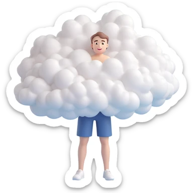 person whose body up to shoulders is entirely made of 3d emoji clouds, clouds form the figure, minimalist illustration sticker