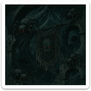 creepy banner, monstrous spiders crawling over webbed ruins, dark fantasy horror style sticker