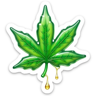 glossy green gusher gummy shaped like a weed leaf with liquid dripping sticker