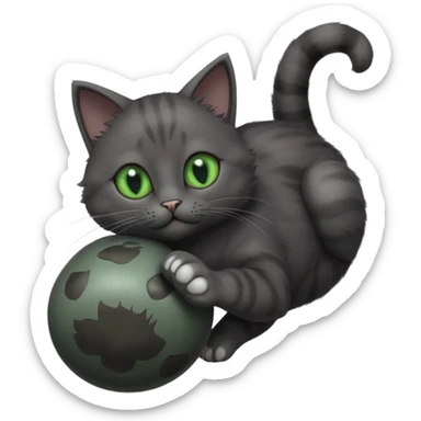 solid dark grey cat with green eyes, completely solid grey face, white toes/paws playing rolling upside down sticker