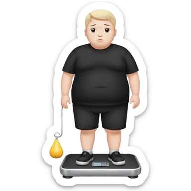 sad fat young boy in black t shirt on weight scale  sticker
