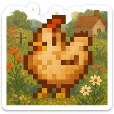 Using a transparent background, re-imagine this pixelated chicken in a cottage core setting sticker
