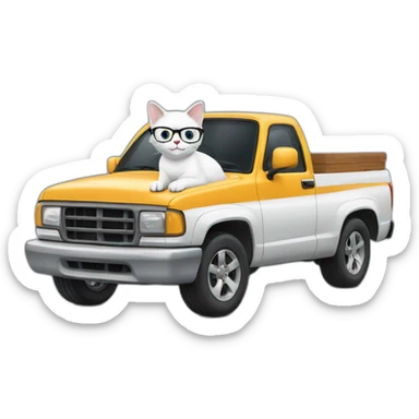 White cat with glasses driving a pickup truck sticker